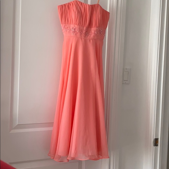 “Mori Lee” Chiffon Coral Dress - Picture 1 of 5